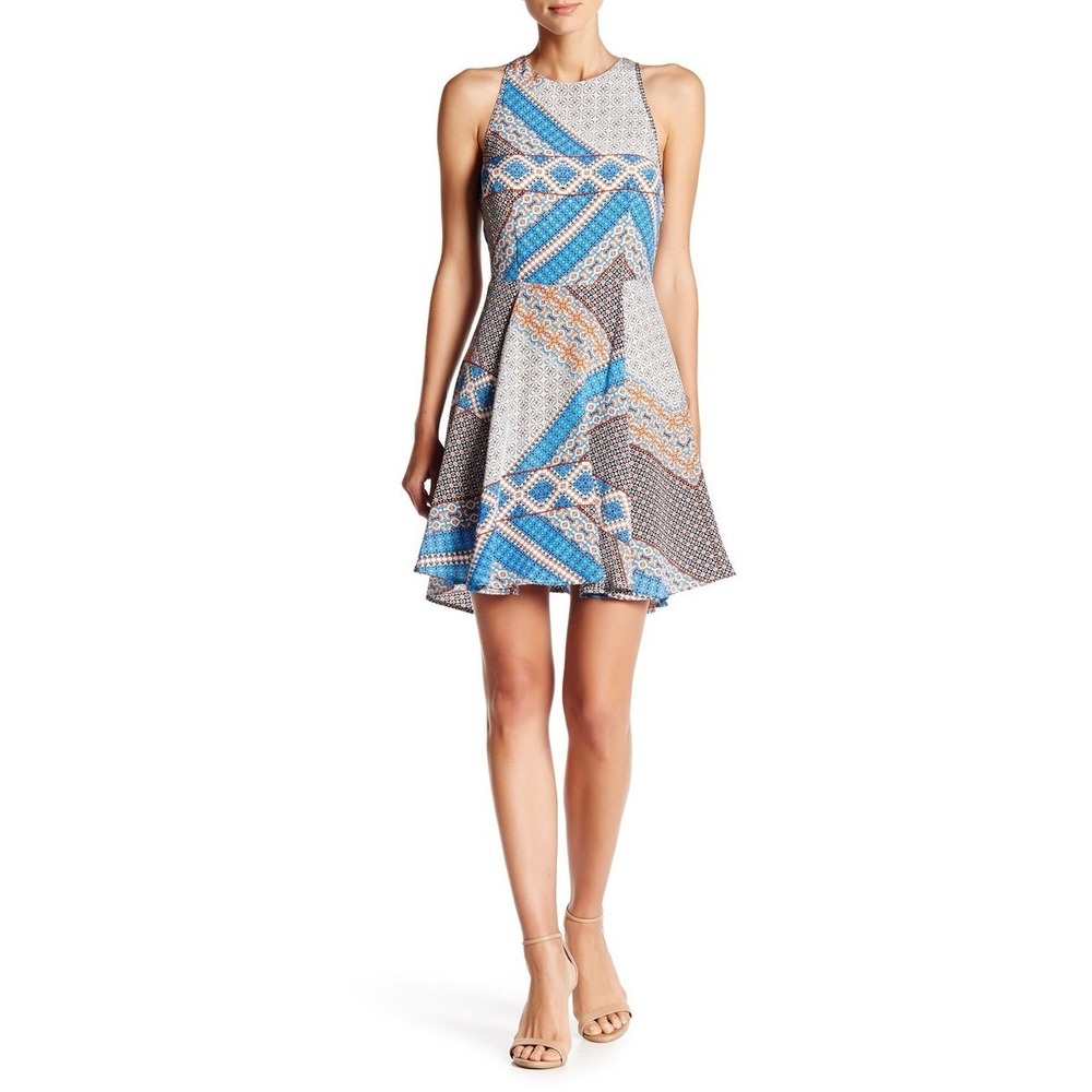 Yumi Kim Dress Womens Medium Blue‎ Geometric Mosaic Silk Fit Flare DR-1464 Mini